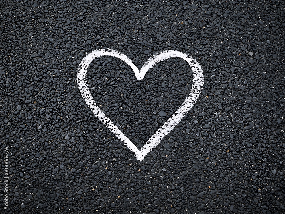 Obraz premium Pavement Sketch Love Heart Shape Drawing on Dark Asphalt Surface for Artistic Background