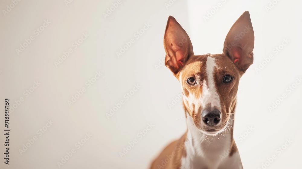 Cute podenco dog poses against a white backdrop, looking curious and attentive with its big ears and brown eyes. Perfect for various projects Cute podenco dog poses against a white backdrop, looking curious and attentive with its big ears and brown eyes. Perfect for various projects