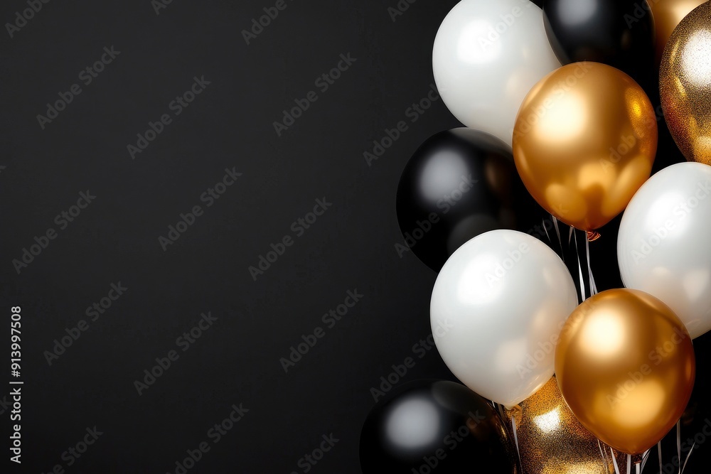Stylish balloon arrangement with a mix of gold, black, and white. Premium design for birthday celebration background and copy space with generative ai Stylish balloon arrangement with a mix of gold, black, and white. Premium design for birthday celebration background and copy space with generative ai