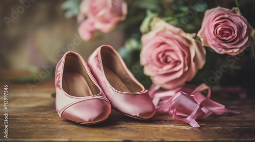 Pink ballet slippers rest on a wooden table, their subtle hues harmonizing with the warm tone of the wood.