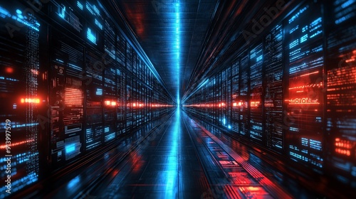 Futuristic data center interior with glowing lights and vibrant colors, showcasing advanced technology and digital infrastructure.