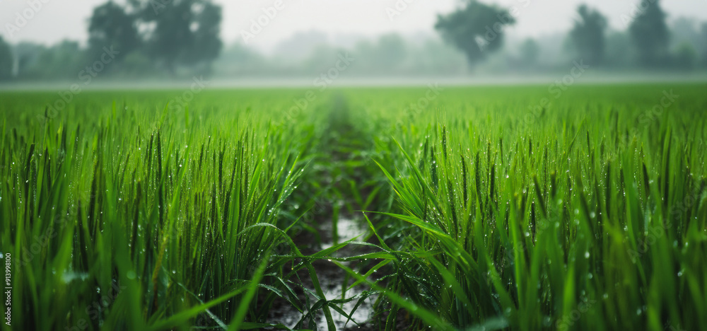 Obraz premium Lush Green Rice Fields After Rainfall in Rural Landscape During Early Morning Hours