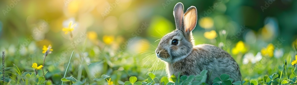 Playful Bunny Nibbling on Clover in Lush Meadow Playful Bunny Nibbling on Clover in Lush Meadow