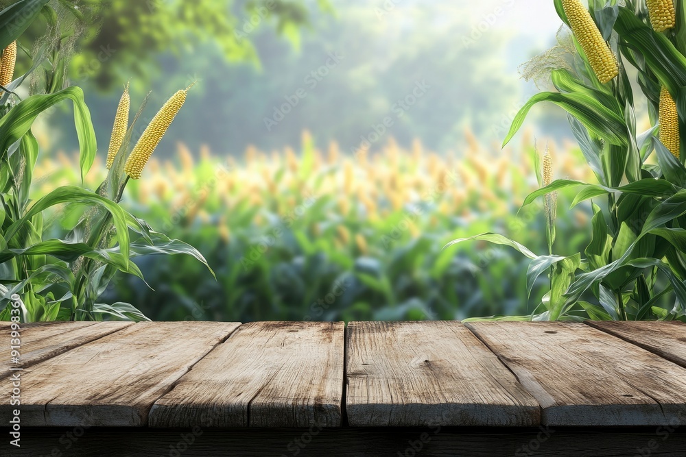 Obraz premium Sweet corn field and wooden table at Agriculture corn. 3D illustration, of free space for your texts and branding with generative ai