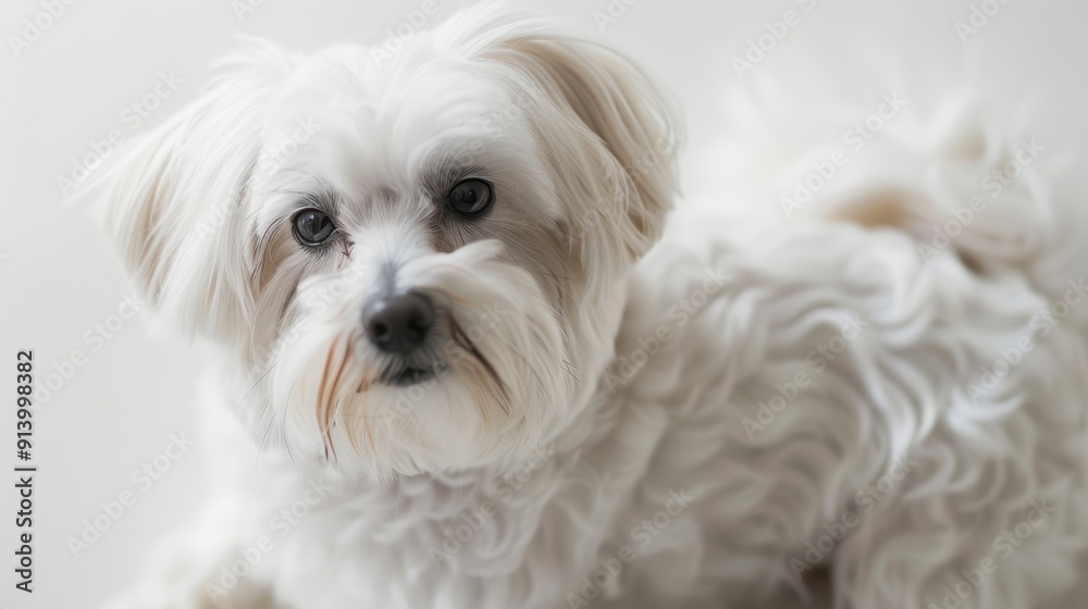Peaceful white maltese dog rests, exuding tenderness and love while curiously gazing at the camera