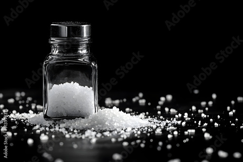 A close-up image of a salt shaker spilling grains of salt on a dark background, showcasing texture and contrast. photo