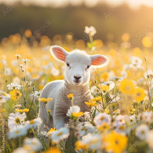 Playful Lamb Frolicking in a Field of Springtime Flowers