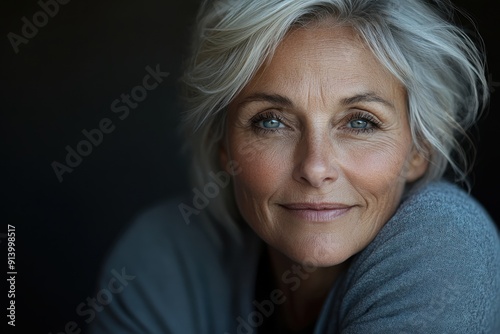 A content elderly woman in a gray sweater, looking tranquil with soft gray hair and clear blue eyes, captured in a serene and close-up portrait that exudes calmness and wisdom.