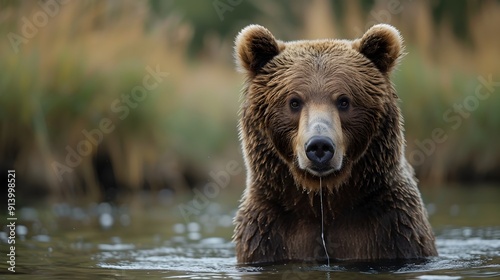 Majestic Brown Bear Fishing Intently in Flowing River with Detailed Fur