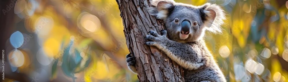 Fototapeta premium Playful Koala Climbing Eucalyptus Tree Adorable and Detailed Animal Concept