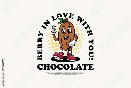 Cocoa Bean Vector Icon Illustration. Cacao Pods Retro Logo Mascot Cartoon Character with Walking Pose and Ok Hand Suitable for Web Landing Page, Banner, Flyer, Sticker, Card