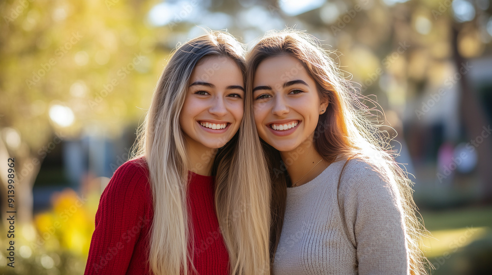 Against the backdrop of a university campus, two female students pose happily for an educational portrait. Mutual smiles and positive energy radiate from them. Against the backdrop of a university campus, two female students pose happily for an educational portrait. Mutual smiles and positive energy radiate from them.