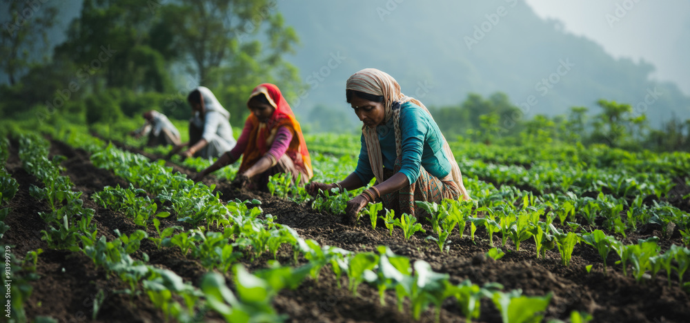 Women Cultivating a Vegetable Field on a Misty Morning in the Hills Women Cultivating a Vegetable Field on a Misty Morning in the Hills