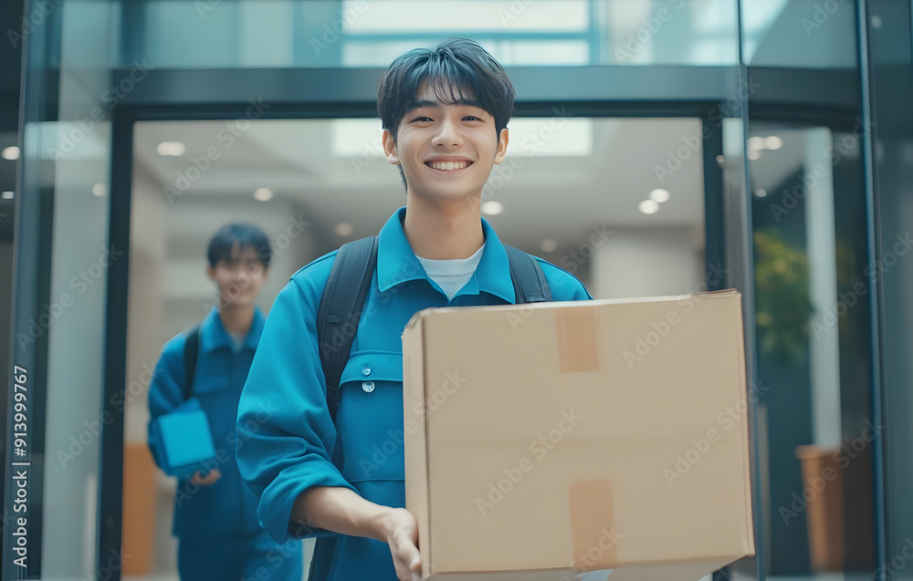 Cheerful delivery worker carrying a package, showcasing teamwork and service in a modern workspace. Cheerful delivery worker carrying a package, showcasing teamwork and service in a modern workspace.