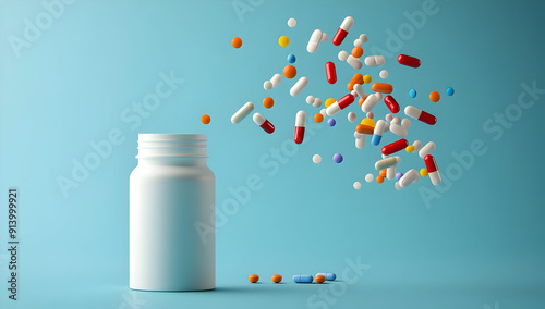 Colorful capsules and tablets spilling from a white bottle against a light blue background, symbolizing health and medicine. photo