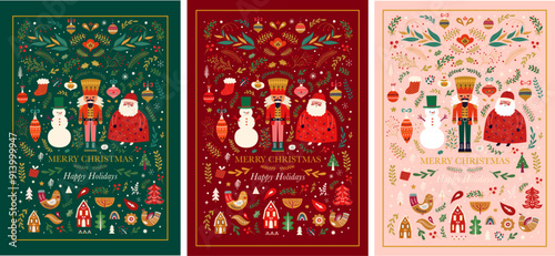 Wallpaper Mural Christmas greeting cards with funny Santa Claus, nutcracker and snowman. Christmas illustration in Scandinavian style with traditional Christmas and New Year elements Torontodigital.ca