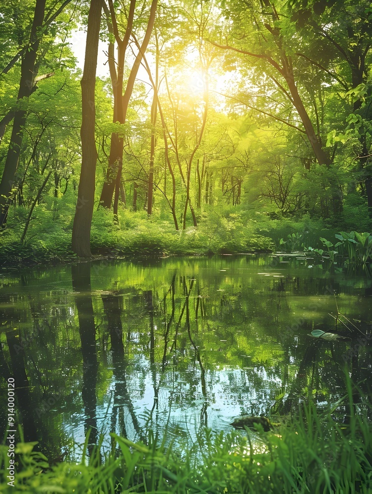 Tranquil Summer Forest Scene with Lush Greenery Sunlit Pond and Serene Reflection Tranquil Summer Forest Scene with Lush Greenery Sunlit Pond and Serene Reflection