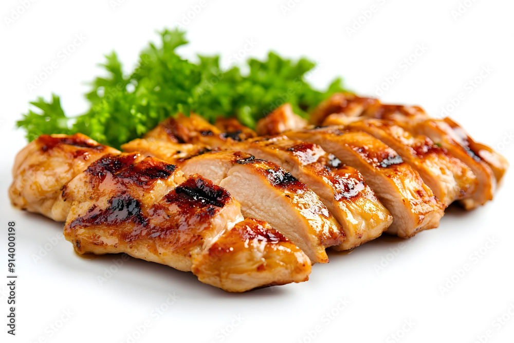 Grilled chicken breast served with fresh green lettuce, highlighting flavors and textures in a delightful presentation.