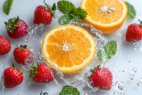 Fresh strawberries and vibrant orange slices surrounded by water bubbles and mint leaves, perfect for summer refreshment.