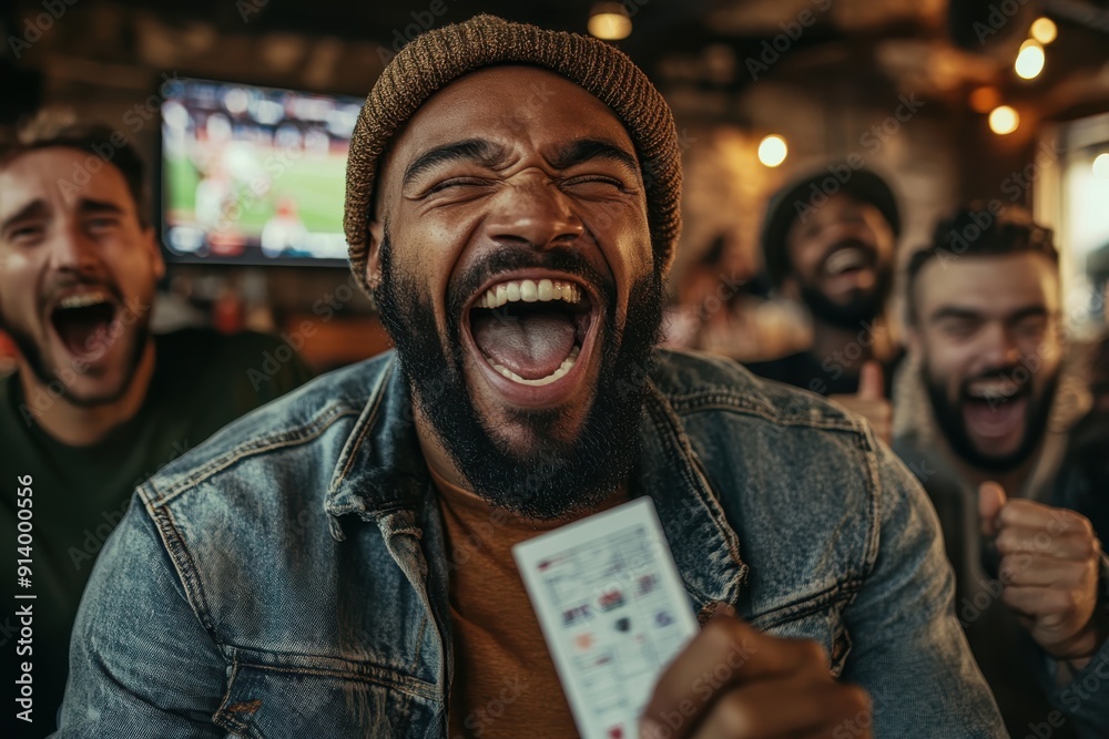 A dynamic scene showing jubilant sports fans celebrating together in sheer excitement while watching a live game, highlighting emotions of joy, unity, and enthusiasm among friends. A dynamic scene showing jubilant sports fans celebrating together in sheer excitement while watching a live game, highlighting emotions of joy, unity, and enthusiasm among friends.
