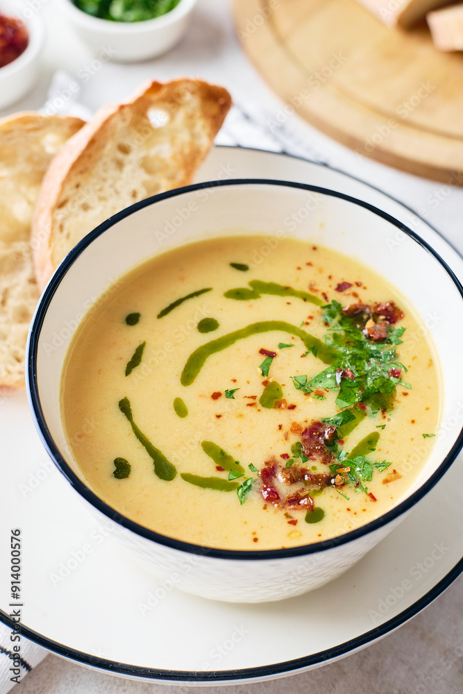 Bowl of potato soup with parsley and bacon with toasted bread croutons in white bowl. Comfort meal Bowl of potato soup with parsley and bacon with toasted bread croutons in white bowl. Comfort meal
