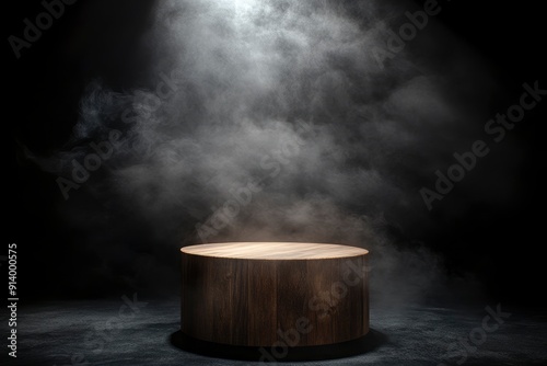 Wallpaper Mural The empty wooden cylinder shape of product display Podium, Stand for showing or design blank backdrop dark abstract wall with smoke float up. with generative ai Torontodigital.ca