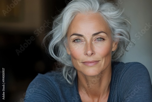 Close-up portrait of a confident and elegant mature woman with gray hair, highlighting her natural beauty and serene expression, set against a dark and neutral backdrop.