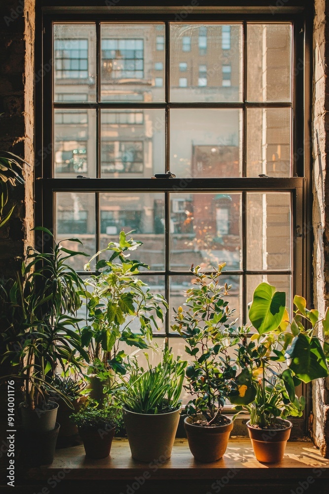 A window in a chic urban loft, filled with potted plants and a view of a city. A window in a chic urban loft, filled with potted plants and a view of a city.
