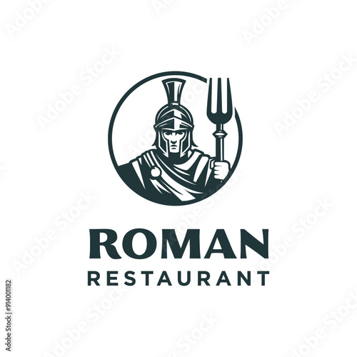 greek Roman Soldier Hold Fork For Food Restaurant Cuisine Company Logo Design.Ancient Fighter Symbol