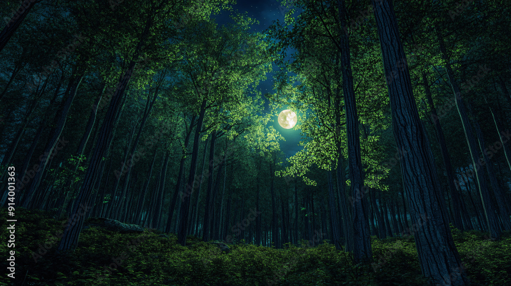 Naklejka premium A high definition photographic creative of a dark forest at night, capturing the atmospheric beauty and tranquility of nature. Suitable for use in nature photography, wilderness exploration,...