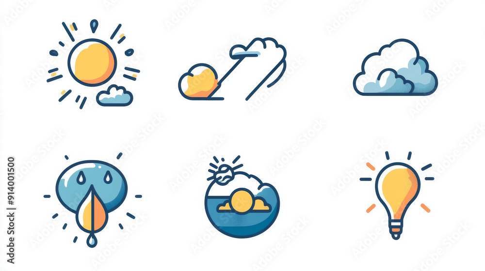 Naklejka premium Weather icons with lines around them, that can be changed as needed, are on a white background. They are flat and clear images that are 64x64 pixels.