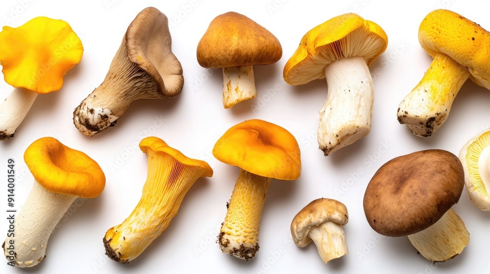Variety of Freshly Gathered Wild Mushrooms on White Background Variety of Freshly Gathered Wild Mushrooms on White Background