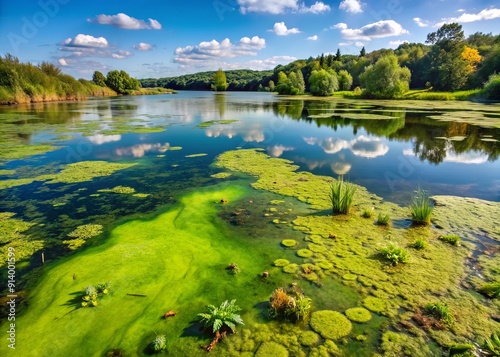 Filthy green algae muck pollutes the surface of a stagnant lake, surrounded by dead aquatic plants and a murky, unhealthy environment. photo