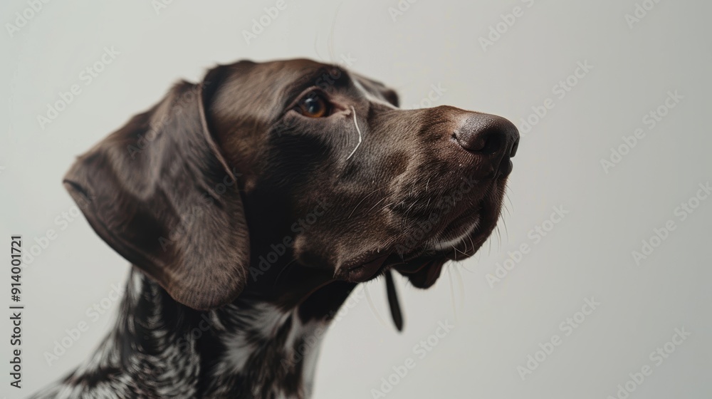 Curious german shorthaired pointer dog looking up with attention on a white background Curious german shorthaired pointer dog looking up with attention on a white background