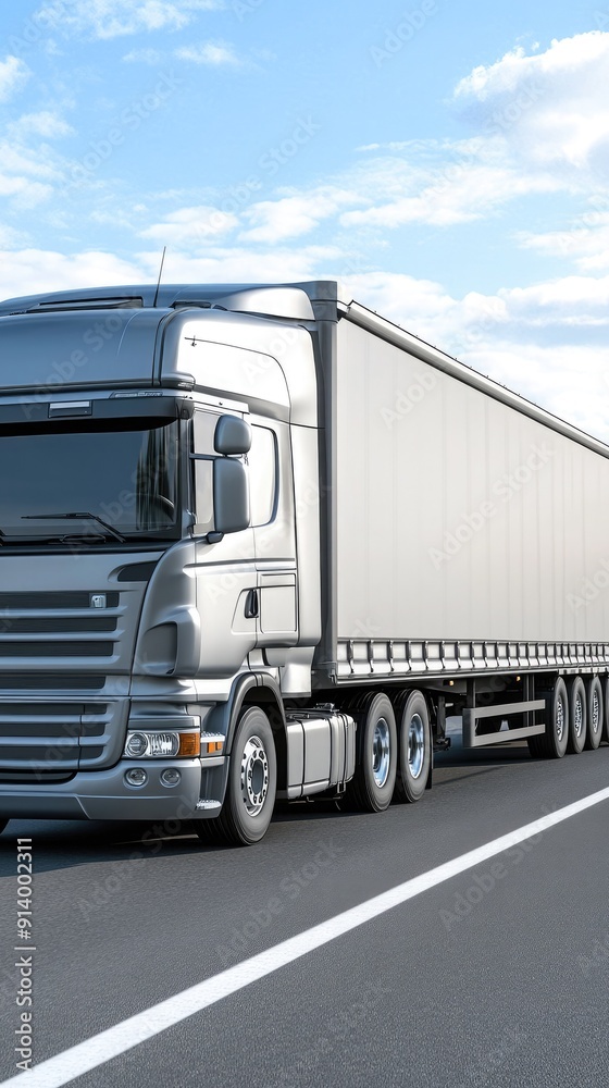 Large Silver Truck Transporting Goods on a Sunny Highway Large Silver Truck Transporting Goods on a Sunny Highway