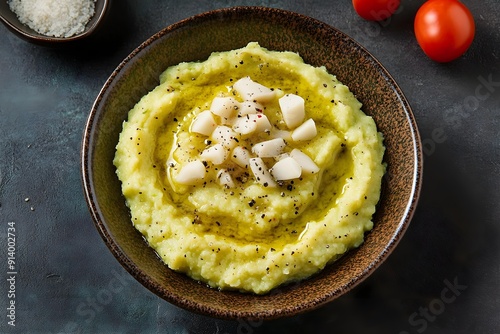 Traditional fava with olive oil and pepper. Mashed broad beans fava appetizer. Top view.