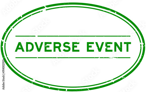 Grunge green adverse event word oval rubber stamp in white background