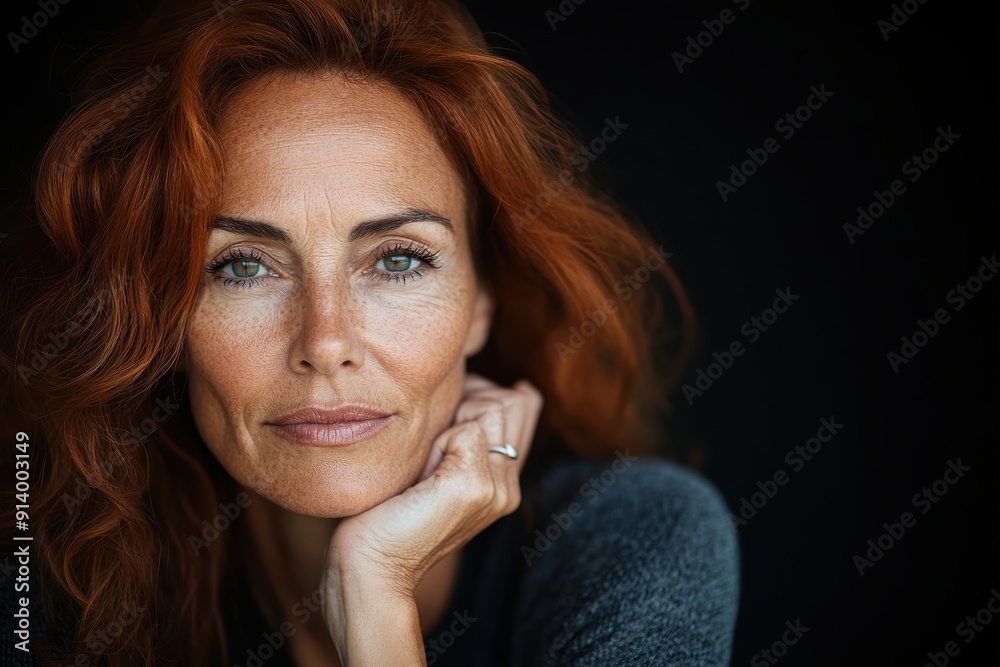A photo of an elegant redheaded woman with striking green eyes, resting her chin on her hand, evoking confidence and thoughtfulness in a dark background. A photo of an elegant redheaded woman with striking green eyes, resting her chin on her hand, evoking confidence and thoughtfulness in a dark background.
