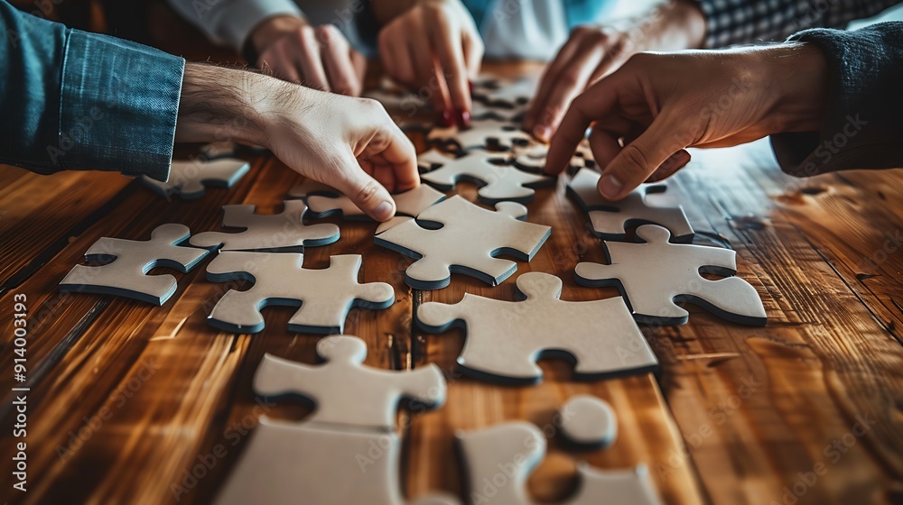 A high-resolution photo of colleagues working together to complete a puzzle, representing teamwork, captured from a wide-angle perspective, A high-resolution photo of colleagues working together to complete a puzzle, representing teamwork, captured from a wide-angle perspective,