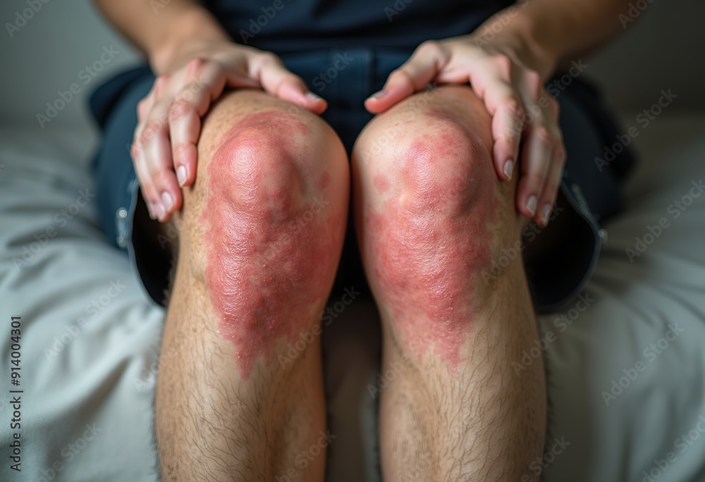 Fototapeta premium Severe Eczema Dermatitis: Young Asian Man Suffering from Itchy, Dry Skin Rash on Legs 