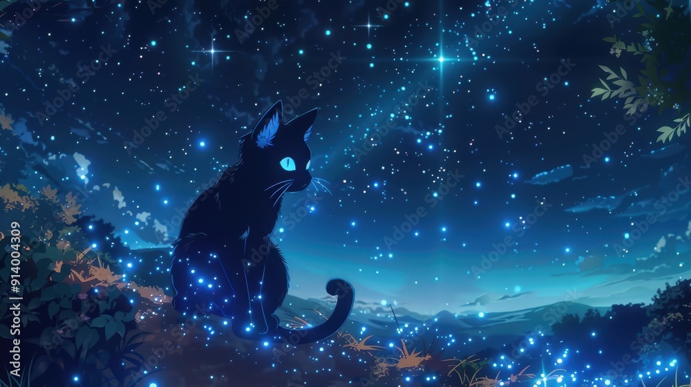 Black cat with bright blue eyes sitting amidst foliage under a starry ...