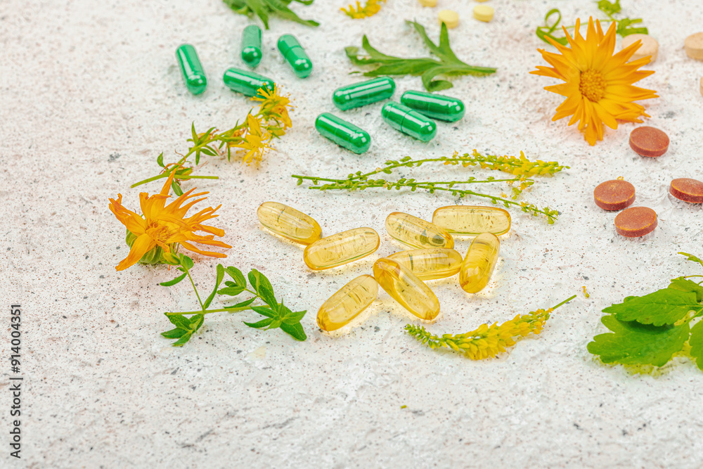 Obraz premium Plant based supplements, natural vitamins, fresh herbs and flowers. Organic ingredients medication