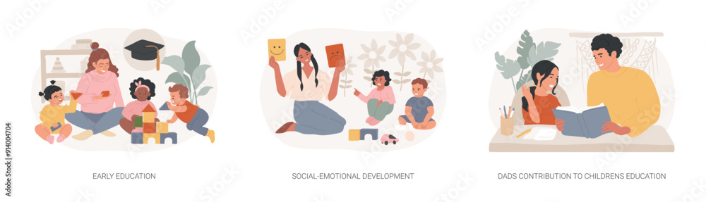 Pre-school children isolated concept vector illustration set.