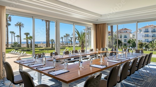 Modern conference room with large windows overlooking a scenic beach and palm trees, set up with meeting materials and water bottles.