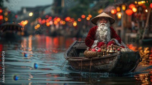 Santa Claus navigating a traditional sampan through the lantern-lit waterways of Hoi An, Vietnam, delivering gifts to riverside homes 