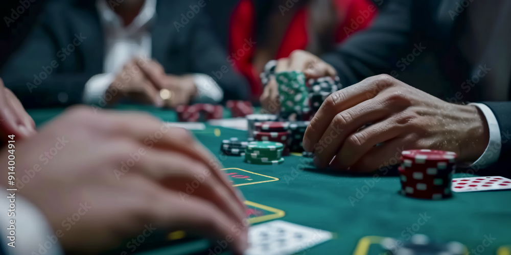 Close-up of poker players playing cards and chips on green table Close-up of poker players playing cards and chips on green table