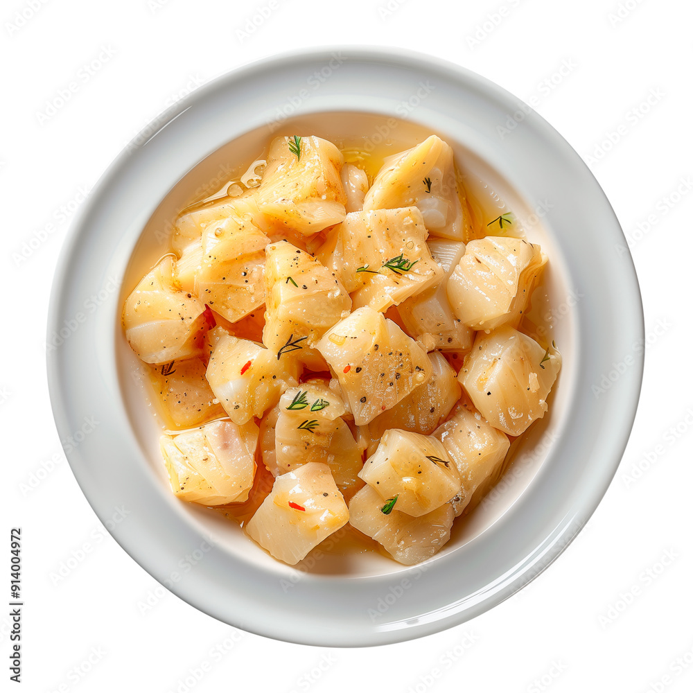 Cod in vizcaina sauce isolated on white or transparent background. Close-up of Cod in vizcaina sauce in a white plate. Traditional spanish dish. Top view. Cod in vizcaina sauce isolated on white or transparent background. Close-up of Cod in vizcaina sauce in a white plate. Traditional spanish dish. Top view.