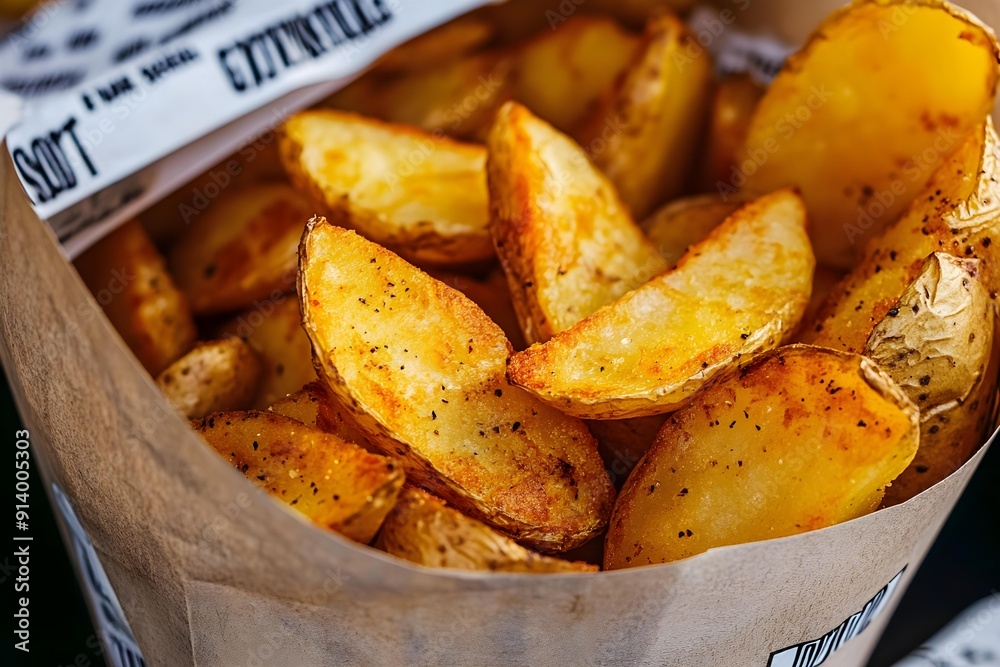 Fried potato wedges in a paper bag. Street food concept Fried potato wedges in a paper bag. Street food concept