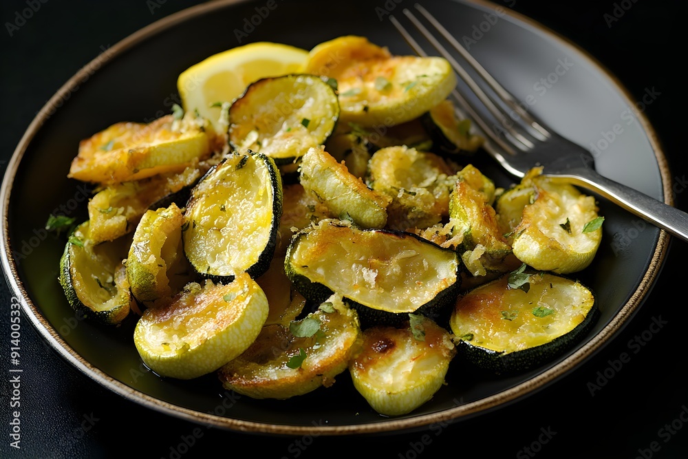 Fried zucchini with lemon on plate on black background. Fried zucchini with lemon on plate on black background.
