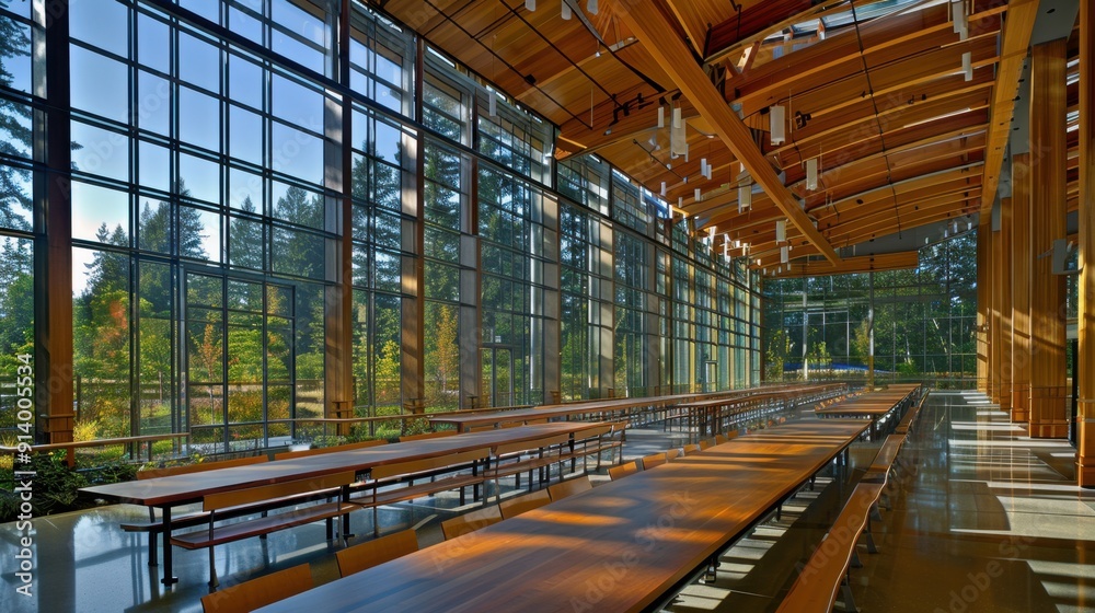 Obraz premium Spacious modern dining hall with wooden beams and large windows offering a scenic forest view, filled with long tables and benches.